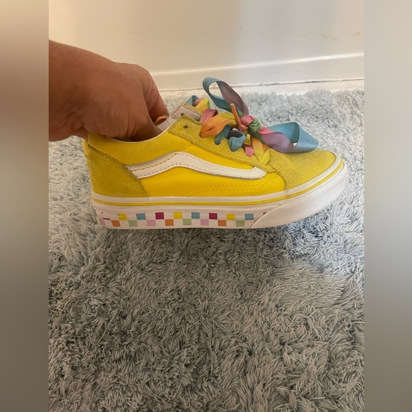 Vans Girls Old Skool Yellow Suede Rainbow Check Ribbon Sneakers Size 12 - Picture 4 of 7
